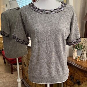 J. Crew Light Gray Embellished Short Sleeve Sweatshirt